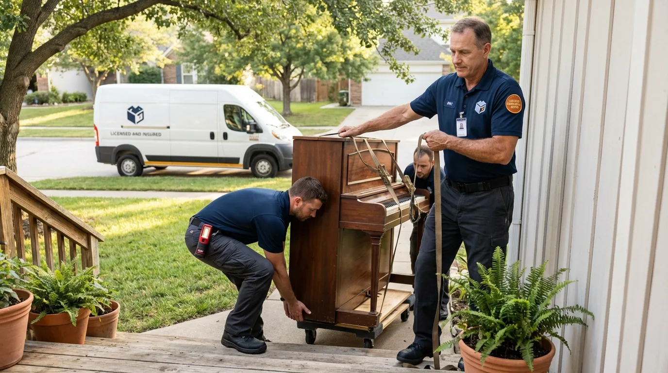 Licensed piano movers securing grand piano in DeQuincy, LA