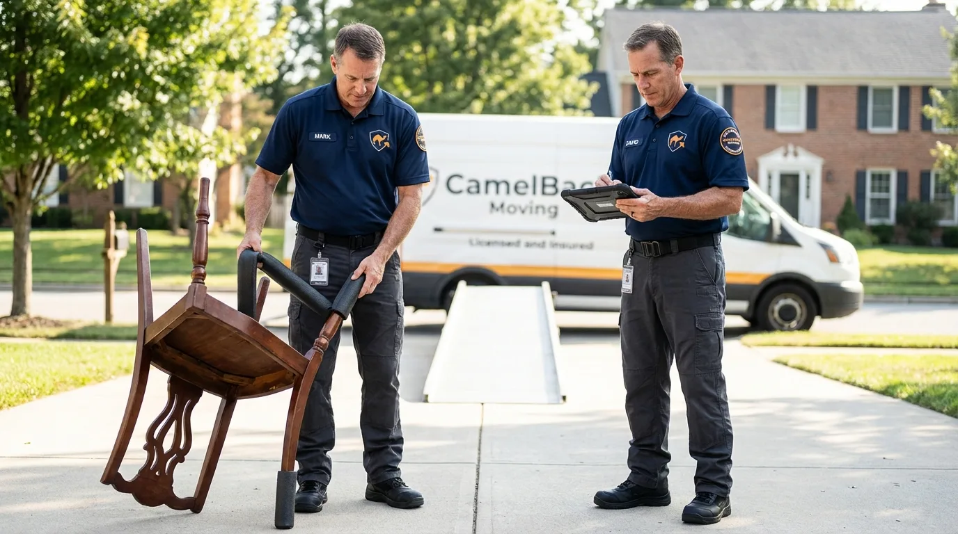 Movers inspecting furniture for damage prevention before loading in DeQuincy, LA