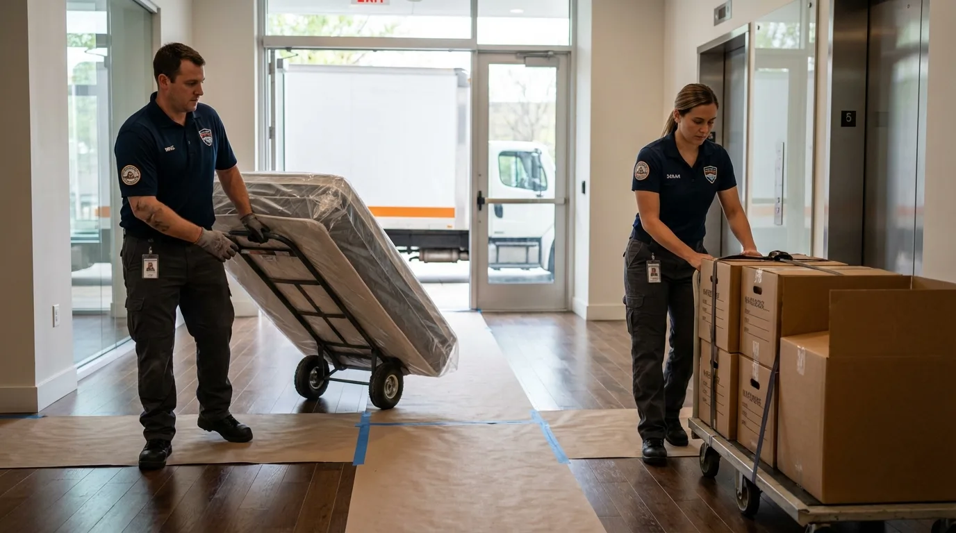 Professional apartment movers loading elevator in DeQuincy, LA