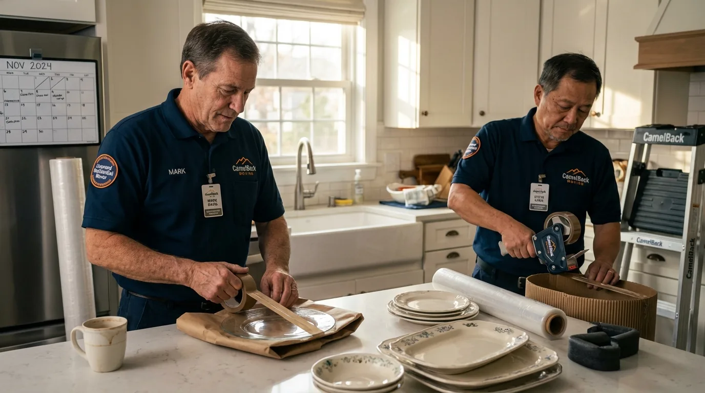 Professional crew packing kitchen dishware in DeQuincy, LA